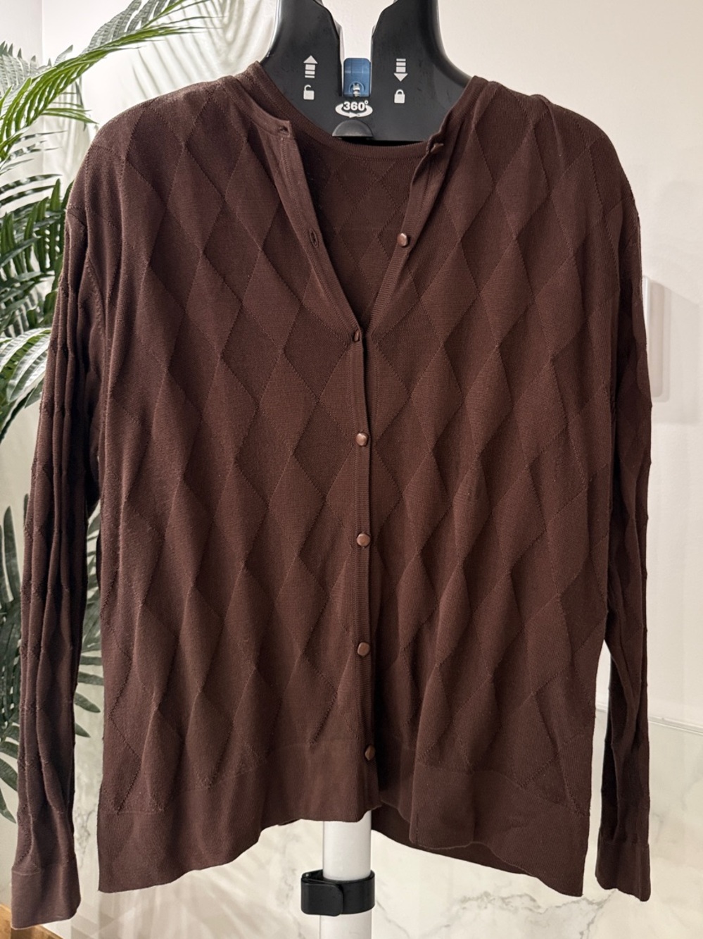 100% Silk Classic Brown Diamond-Texture Women's Cardigan 2- Piece Sweater Set